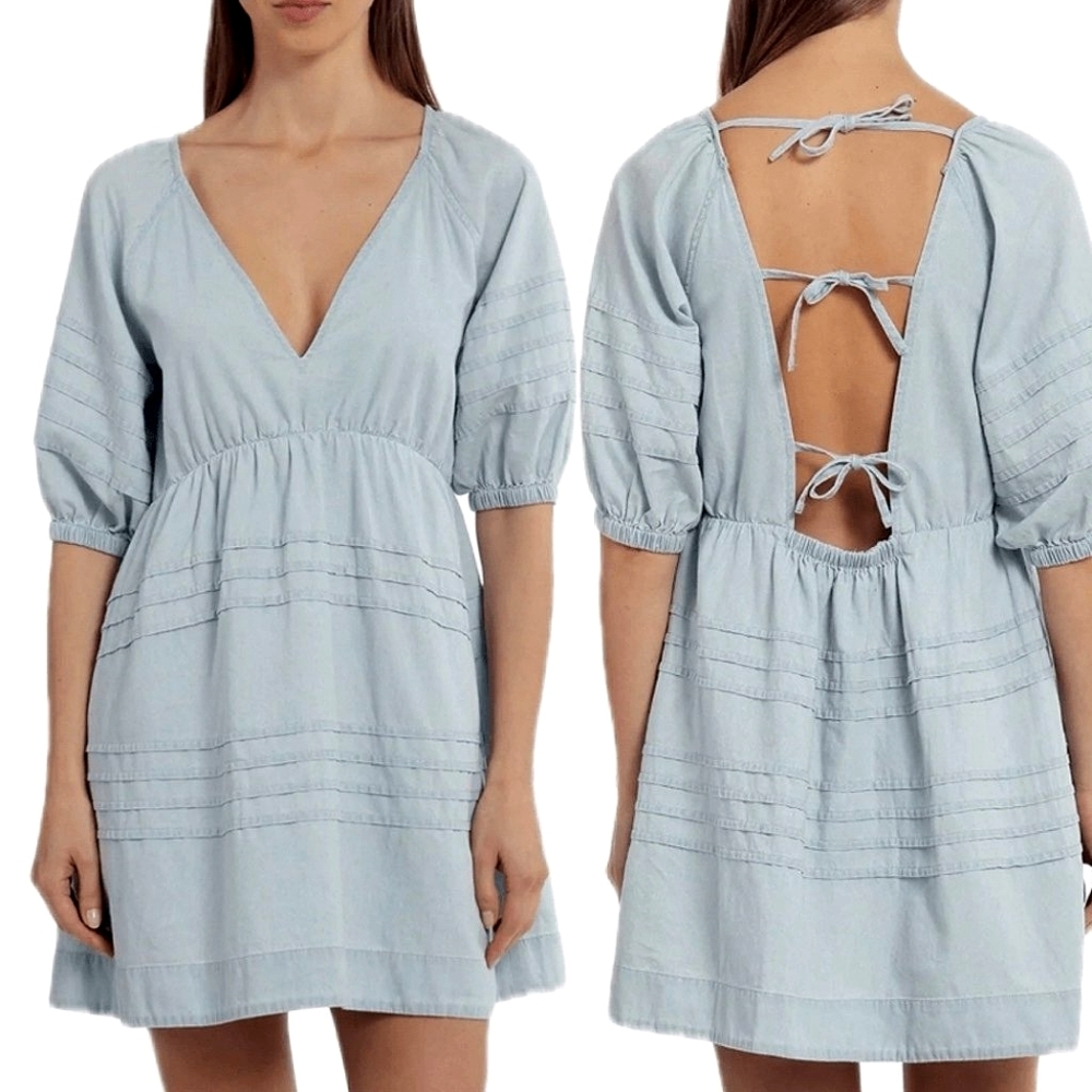 7 For All Mankind 100% Cotton Baby Doll Tie Back V Neck Light Blue Dress - Large